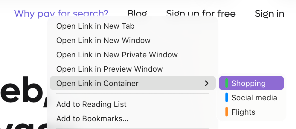 Link context menu for opening the link in a container