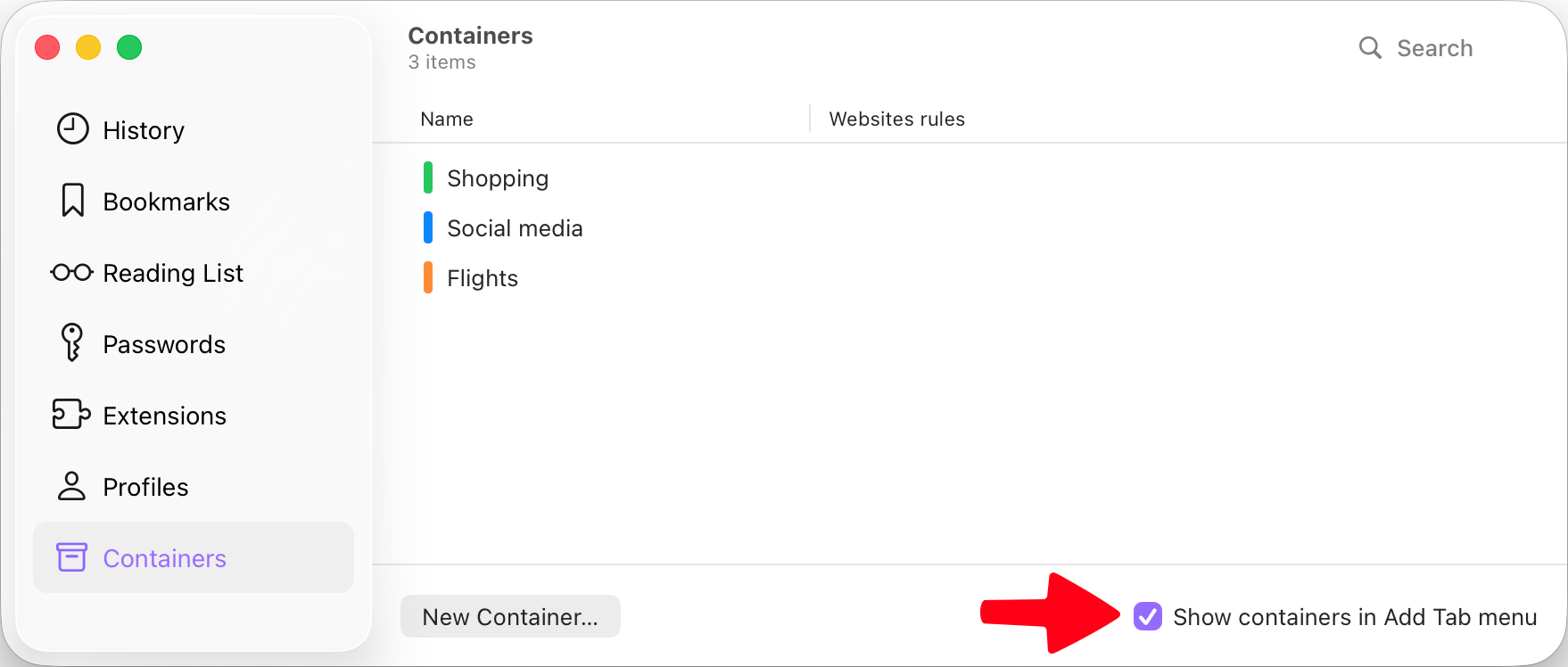 The location of the setting for adding containers to the new tab button (enabled by default)