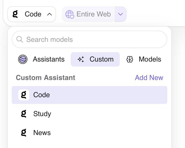 Screenshot of the currently available default custom assistants