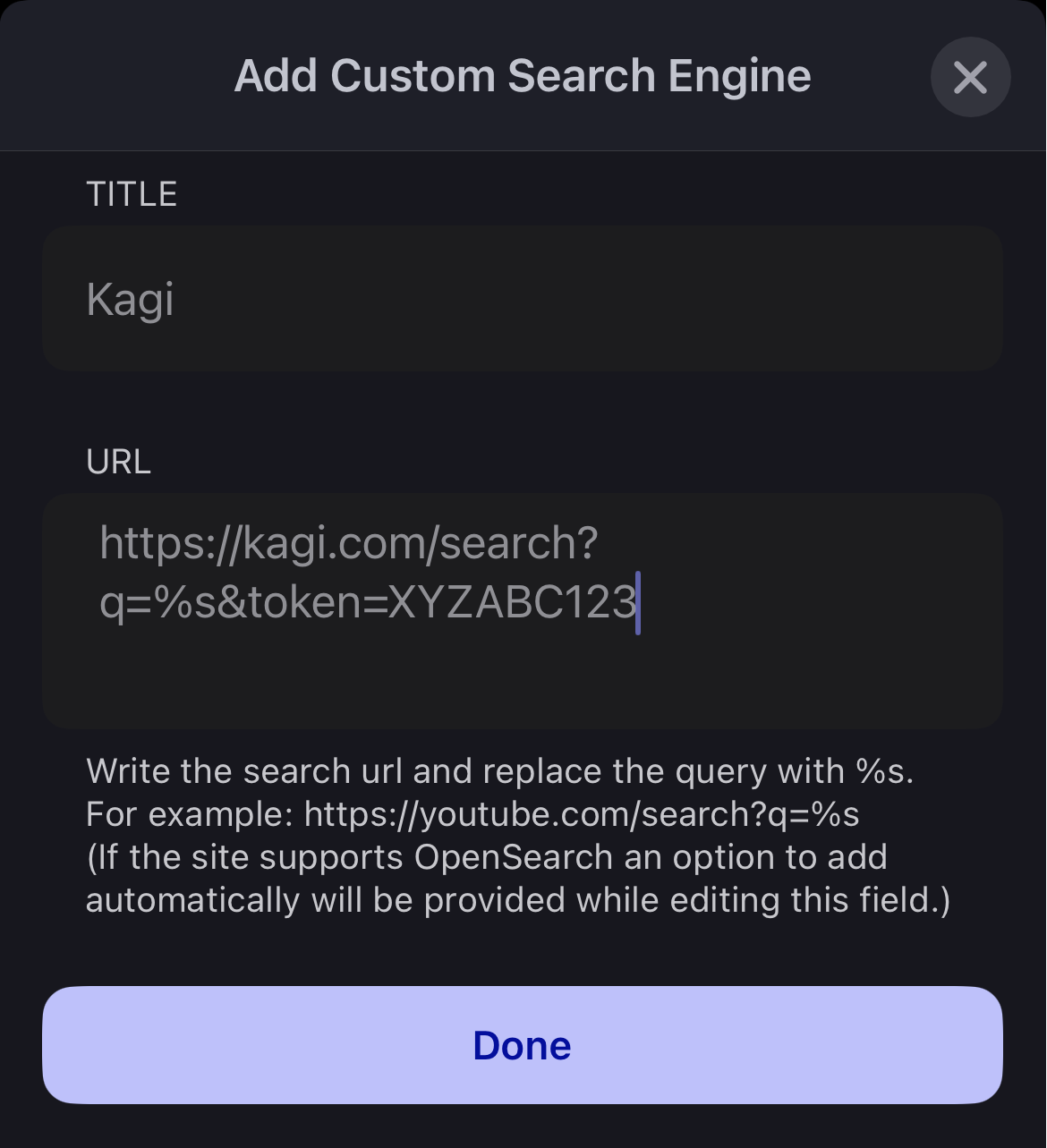 Adding a custom search engine on Brave on iOS