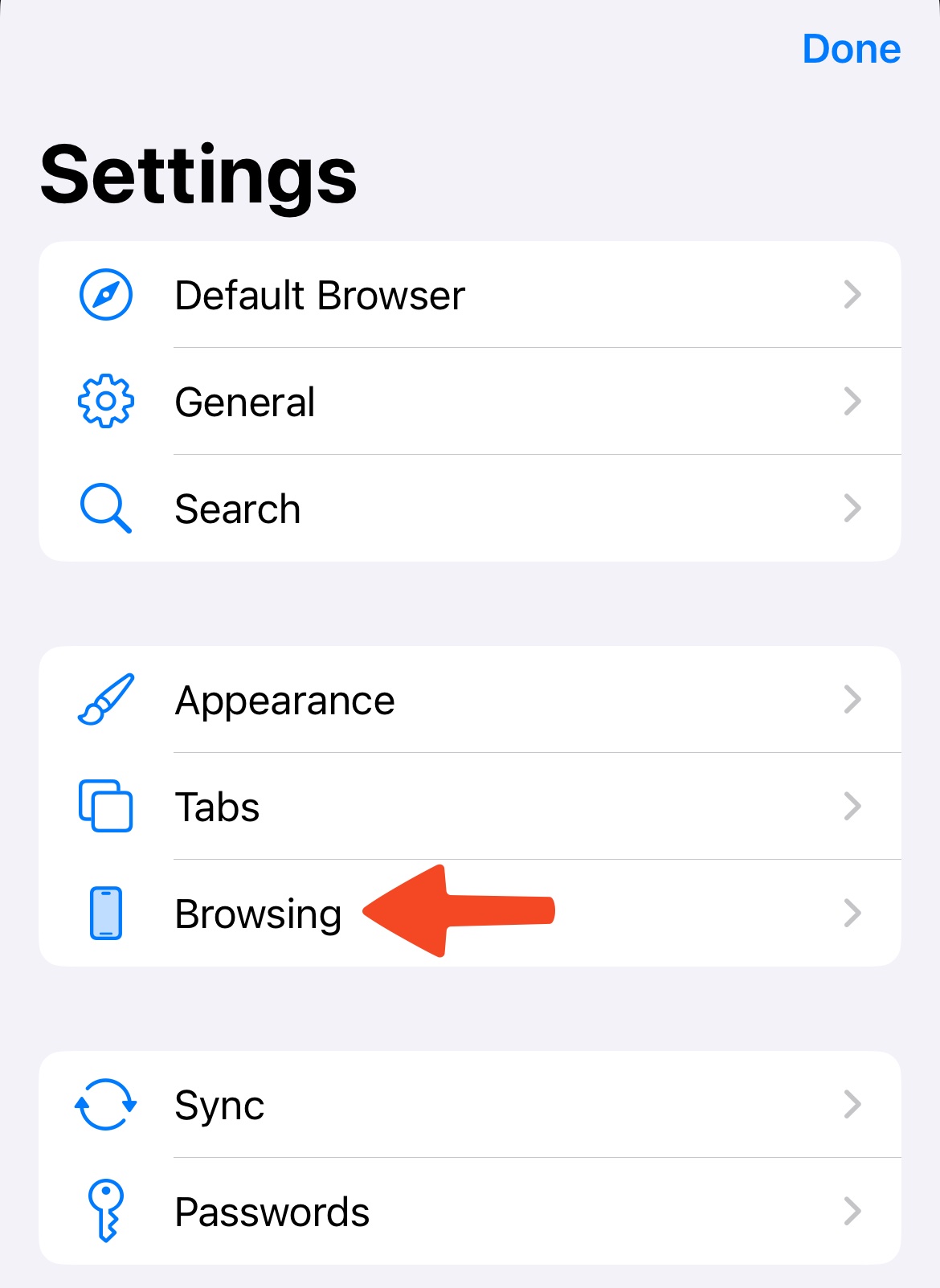Accessing the Browsing section of Orion settings