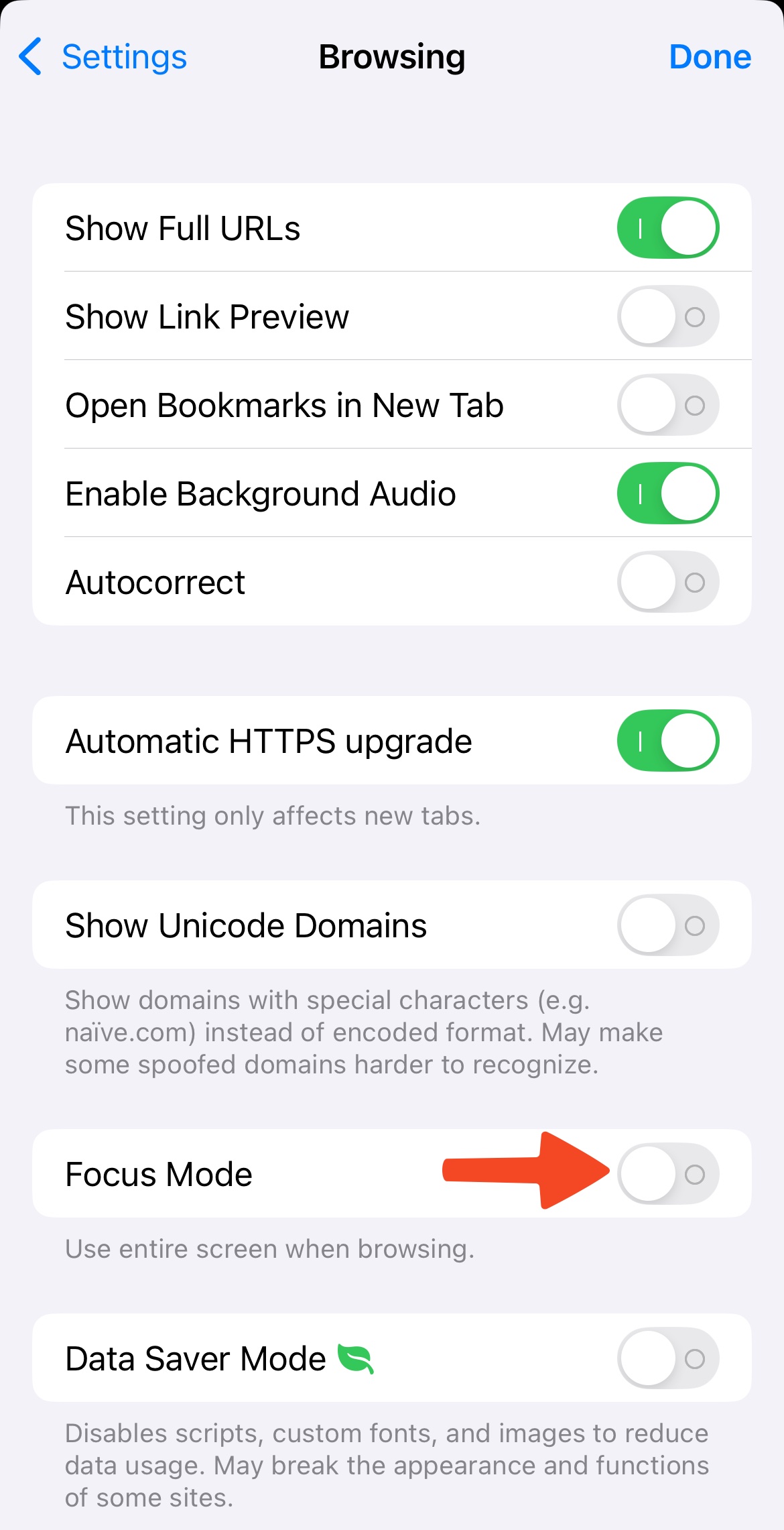 Enabling Focus Mode in the settings