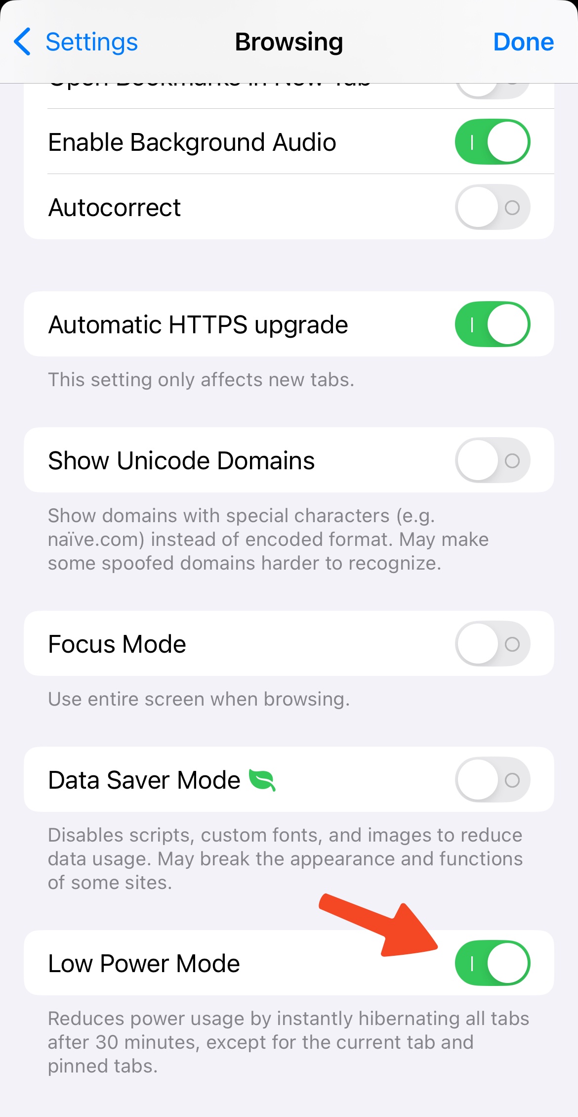 Enabling Low Power Mode in the settings