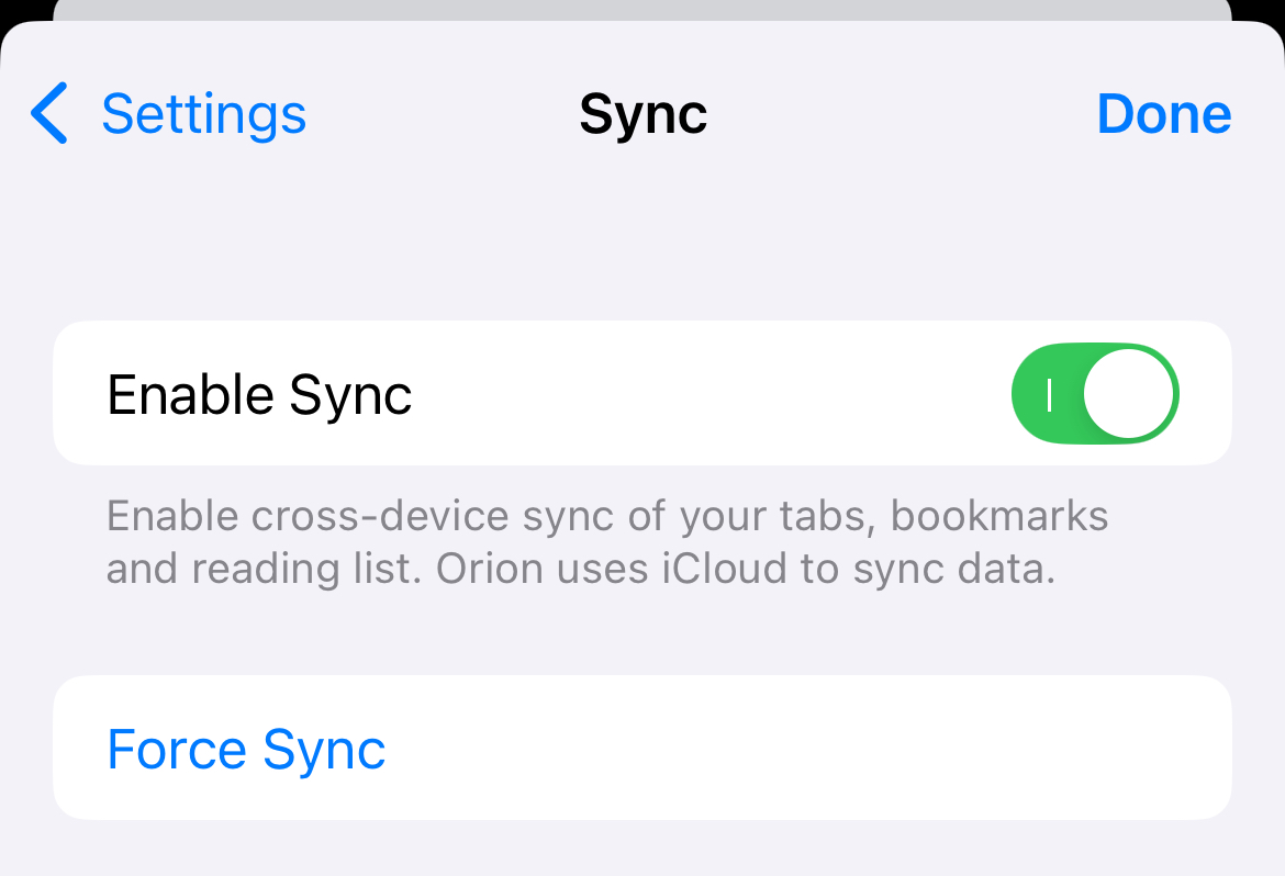 iOS Orion Sync Settings