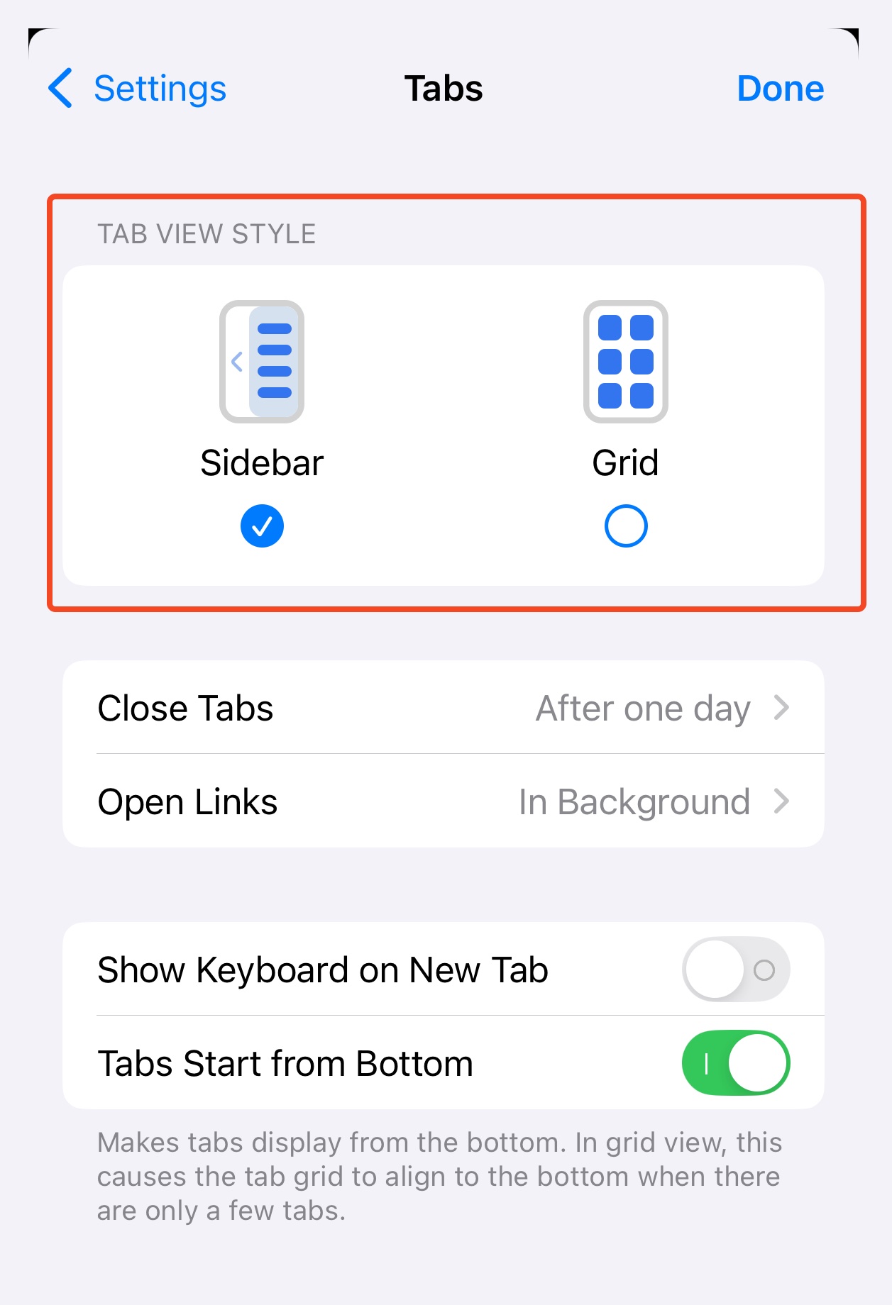 iOS Tabs Settings