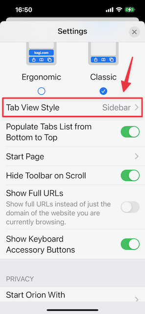 iOS Tabs Settings