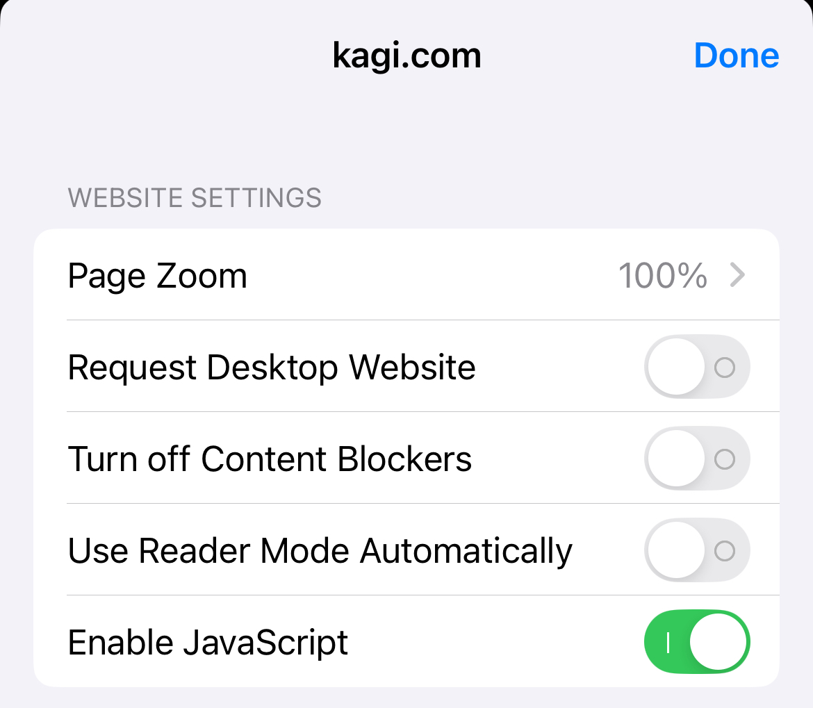 iOS Website Settings Detail