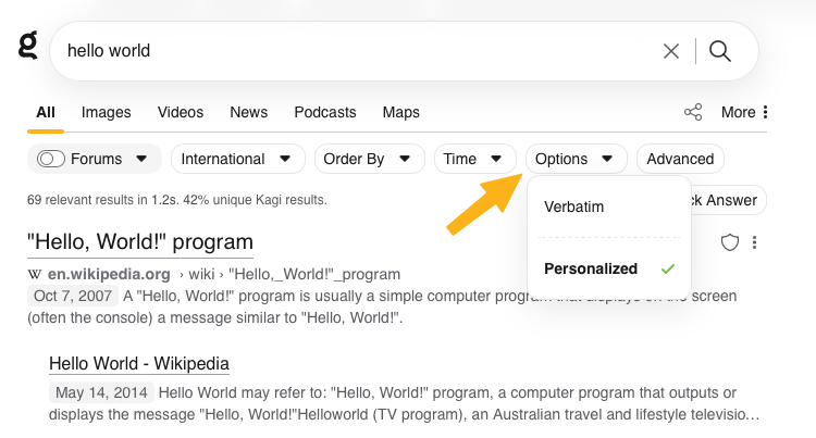 Personalized Option in Search Options Dropdown