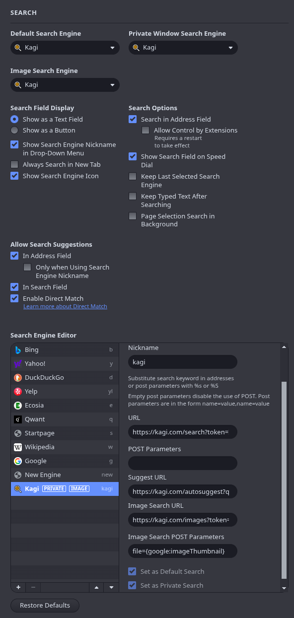 Setting Kagi as Default Search Engine in Vivaldi