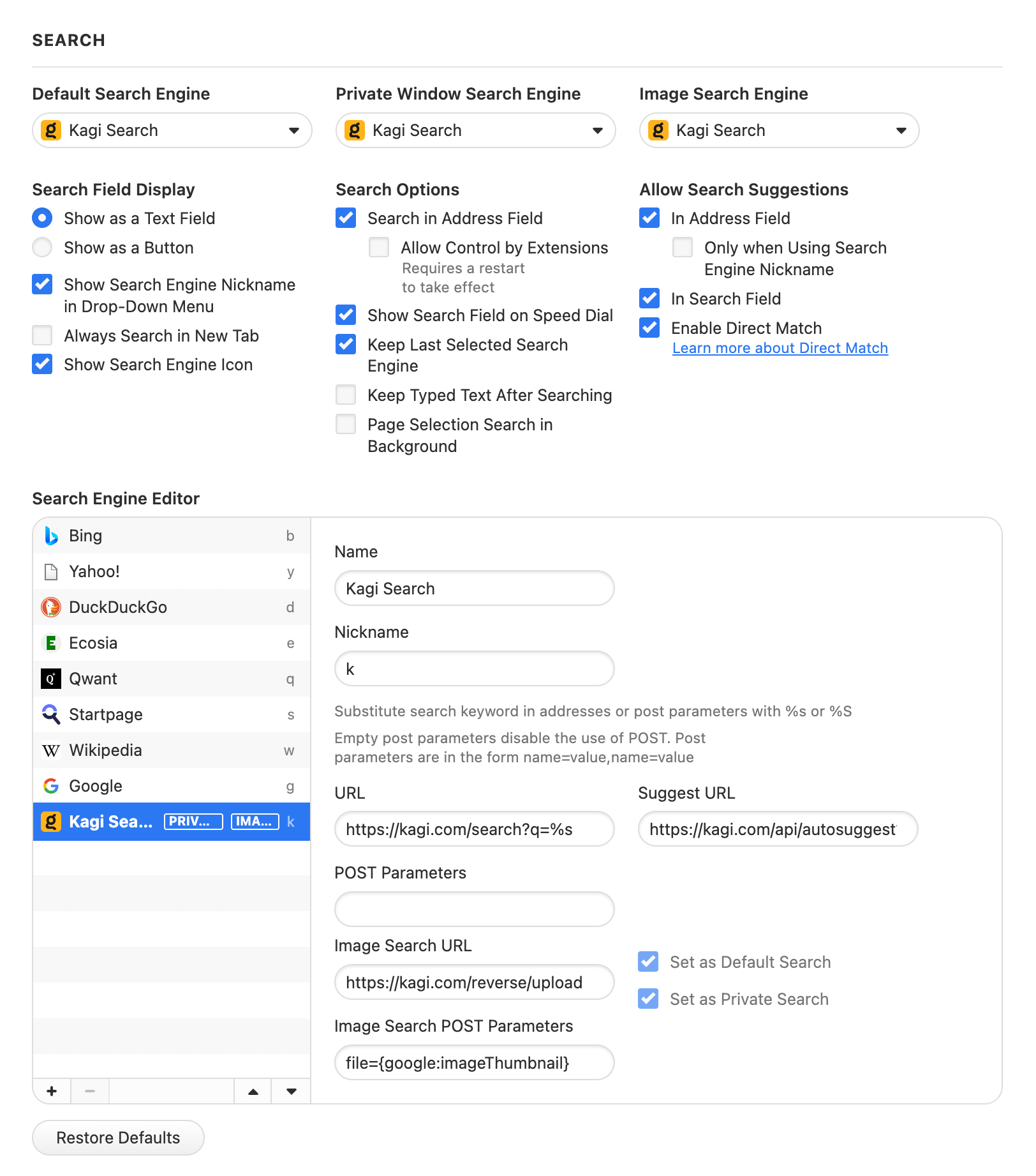 Setting Kagi as Default Search Engine in Vivaldi