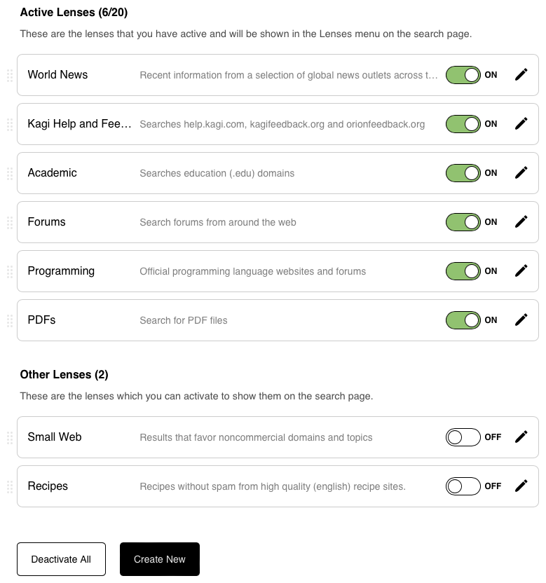 Lenses Settings