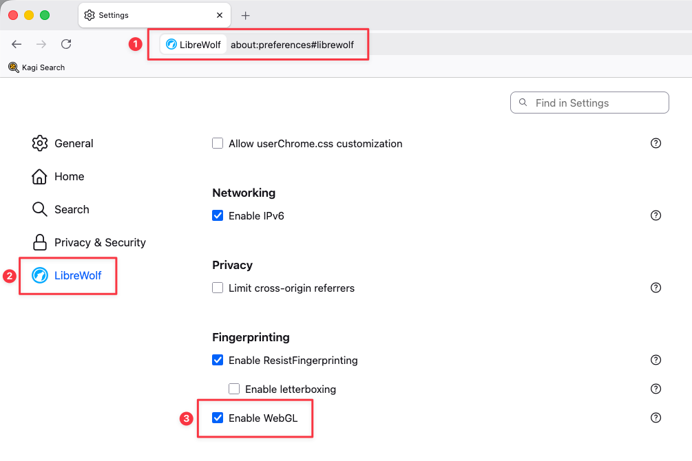 Enabling WebGL in LibreWolf for Kagi Maps