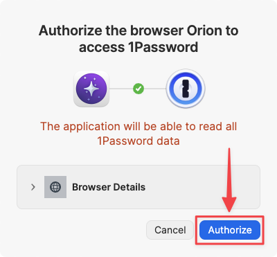 1Password Settings - Authorize Orion