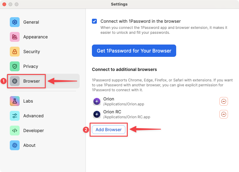 1Password Settings - Trusted Browsers