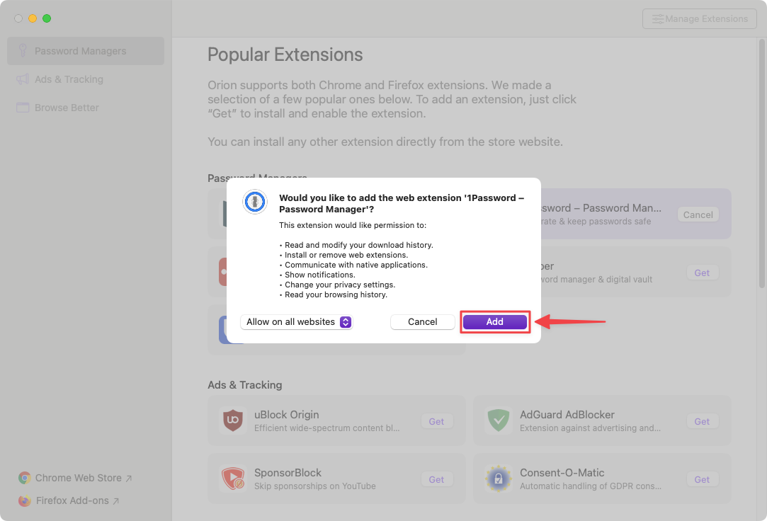 1Password Extension for Orion - Permissions