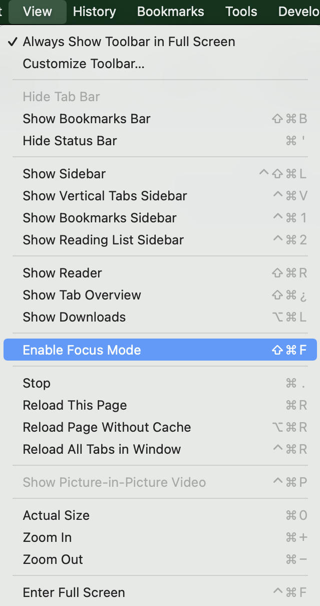 macOS Focus Mode Menu Choice