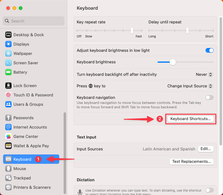 macOS Keyboard Shortcuts - System Settings Window