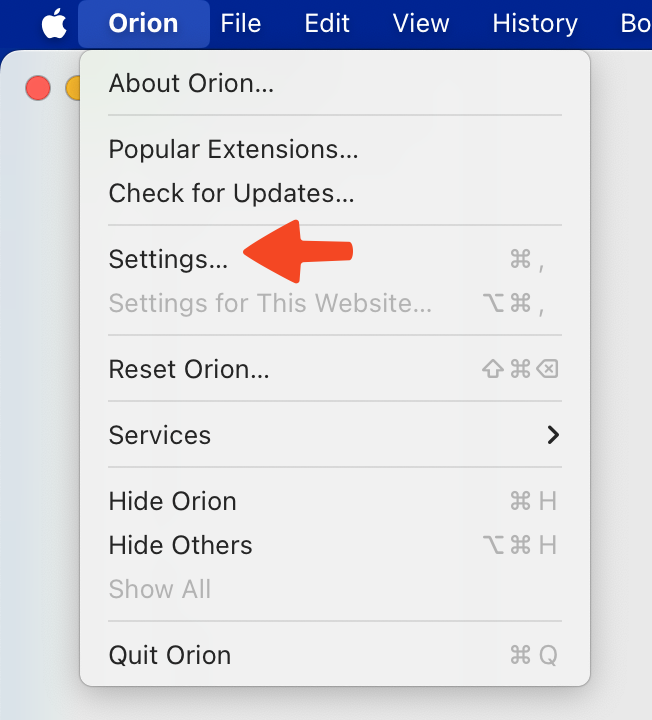 Orion Settings Menu Option