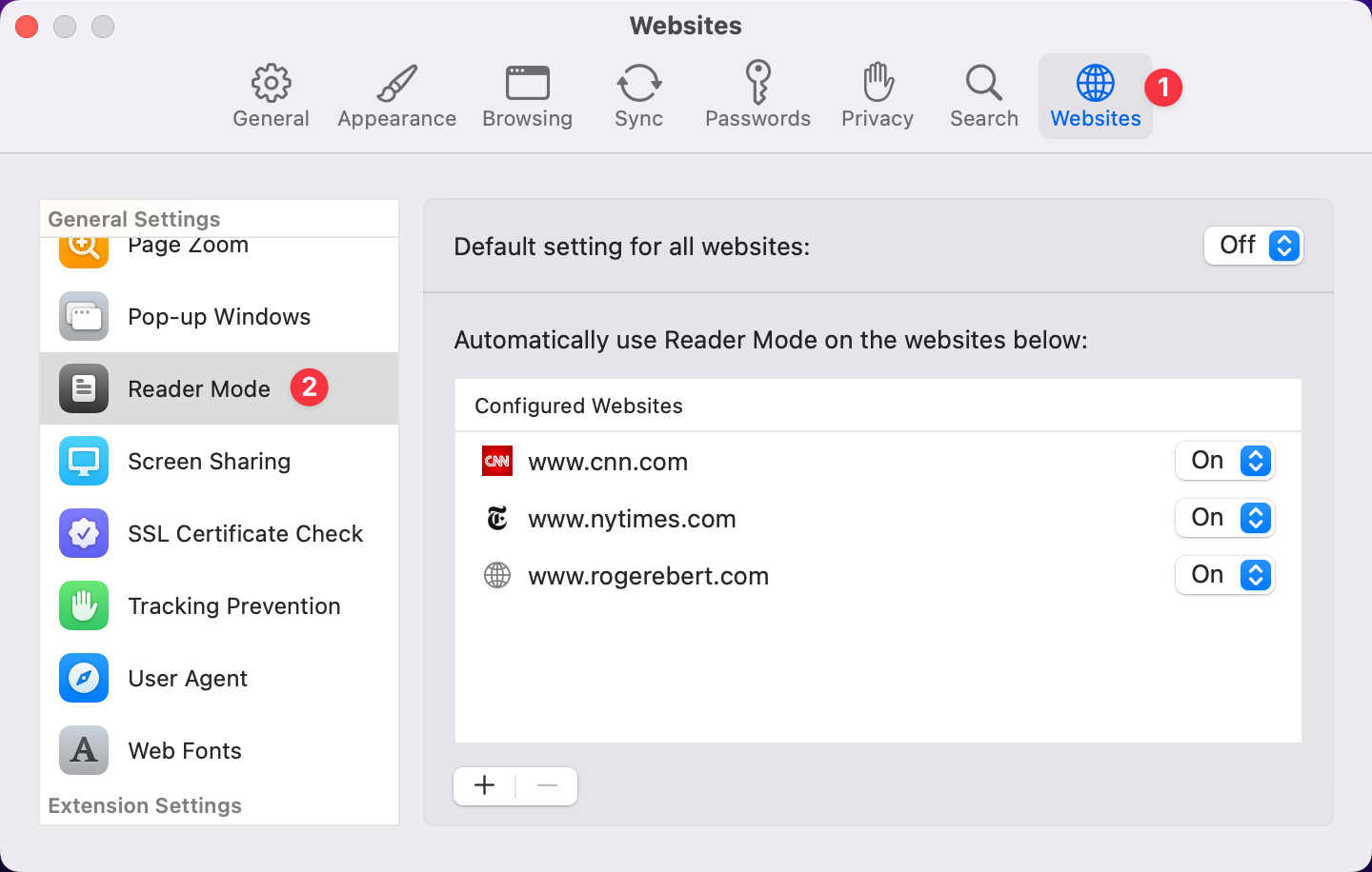 macOS Reader Mode Settings