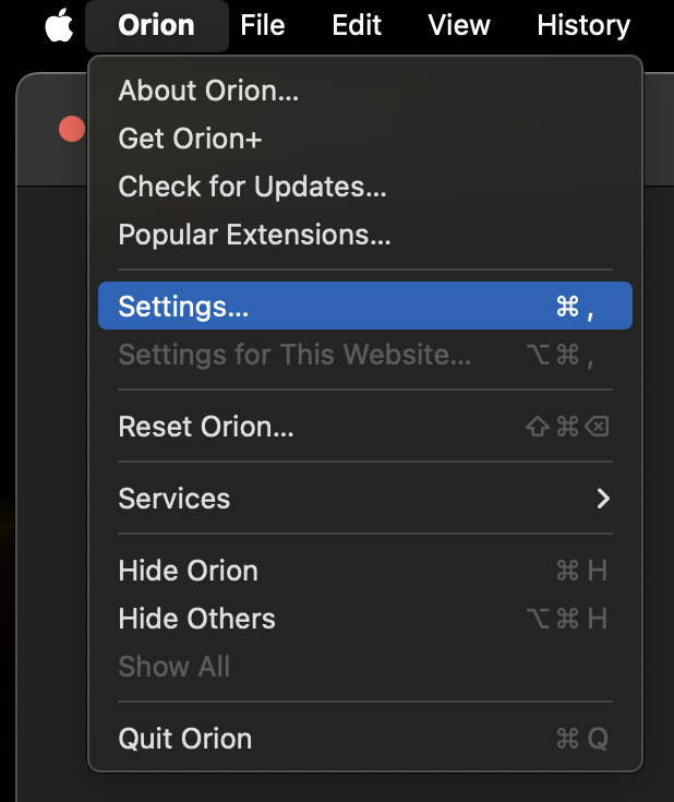 Orion Settings Menu Option