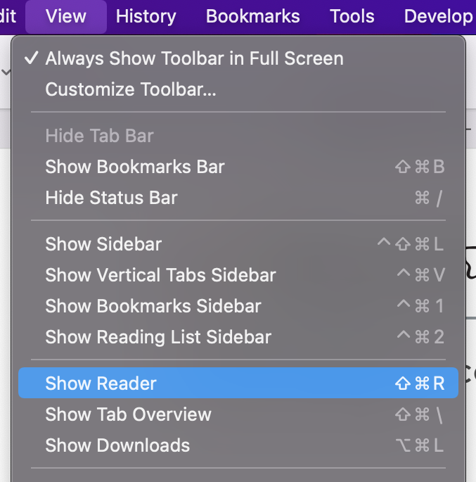 macOS Show Reader Menu
