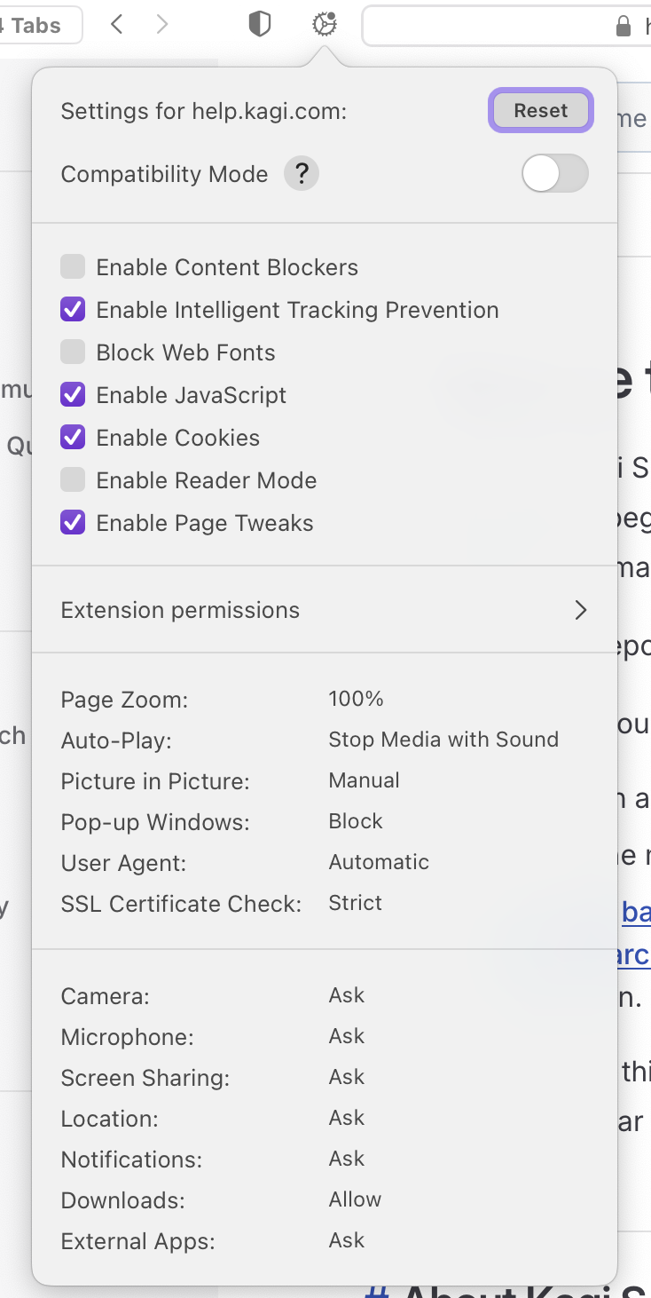 macOS Website Settings