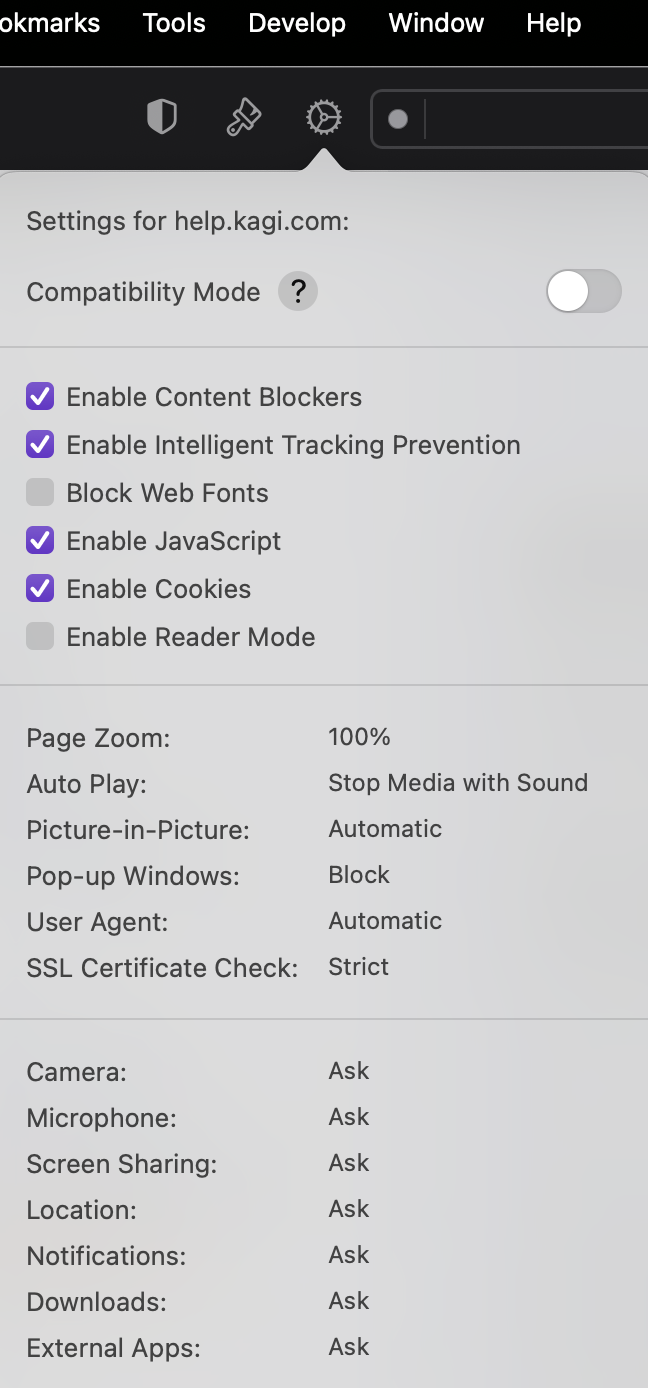 macOS Website Settings