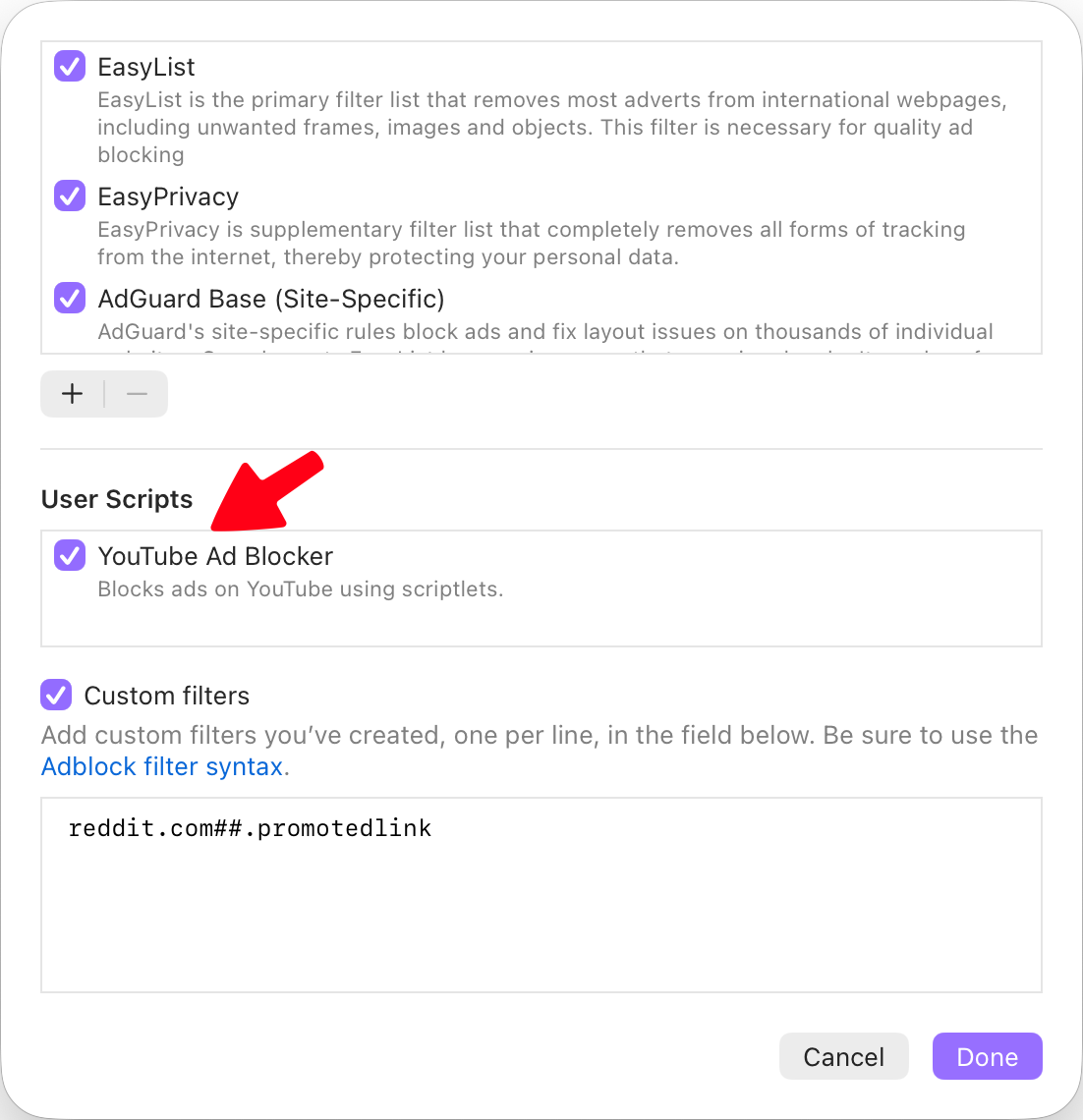 The location of the YT adblock on macOS