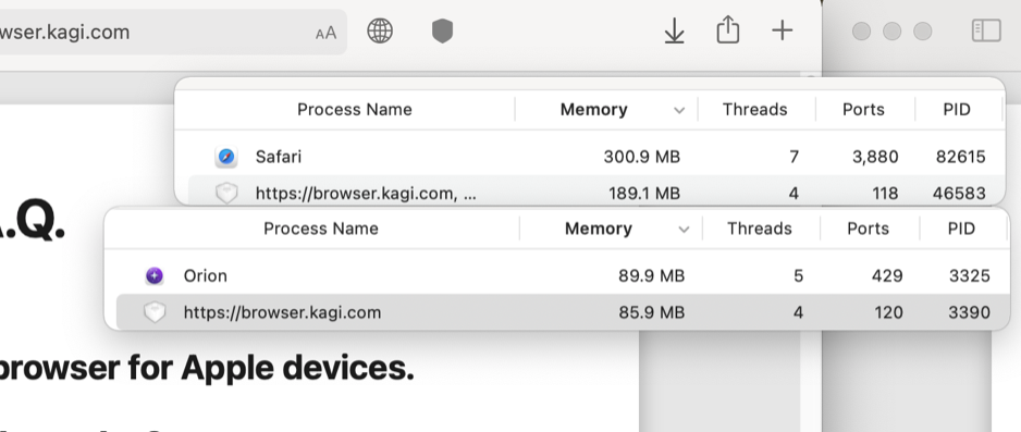 Orion Low Memory Usage vs. Safari