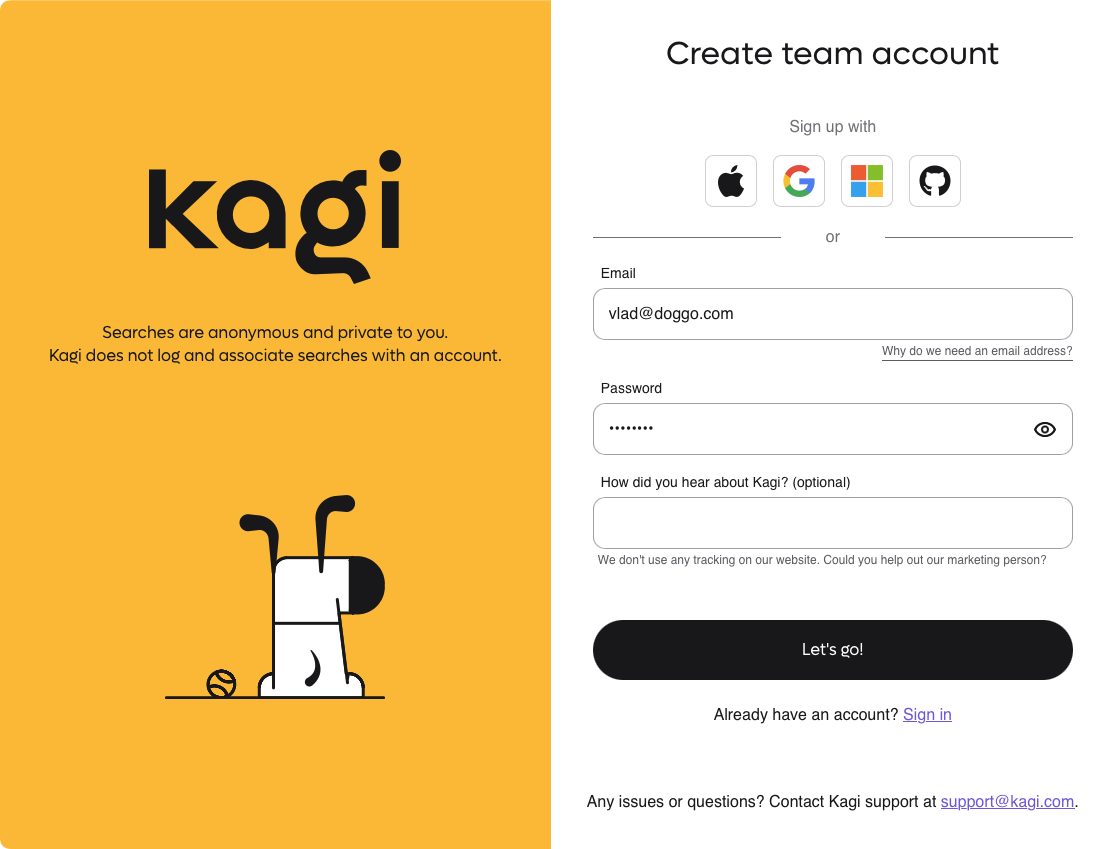 Kagi Team plan - sign up