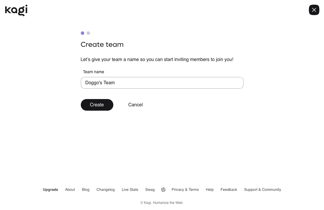 Kagi Team plan - create team