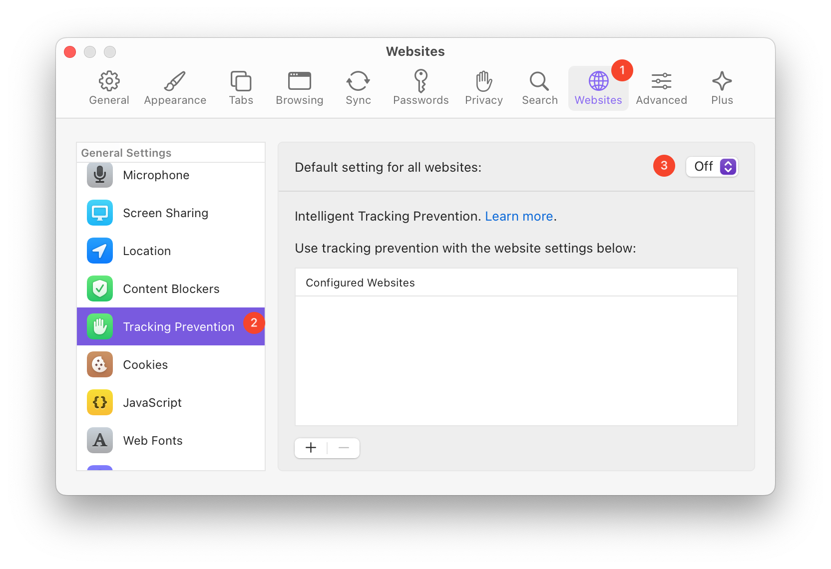 Tracking Prevention Settings