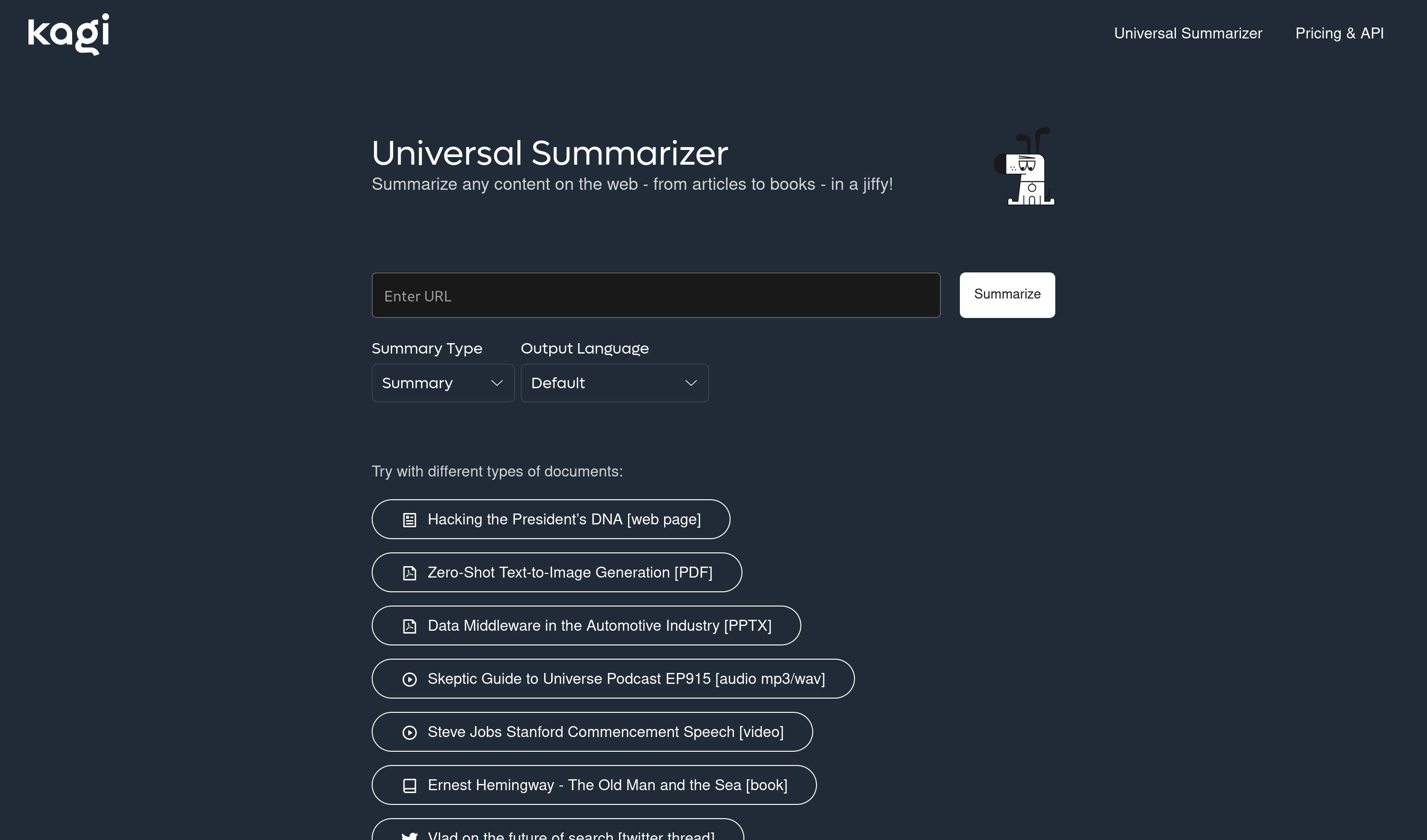 Universal Summarizer landing page