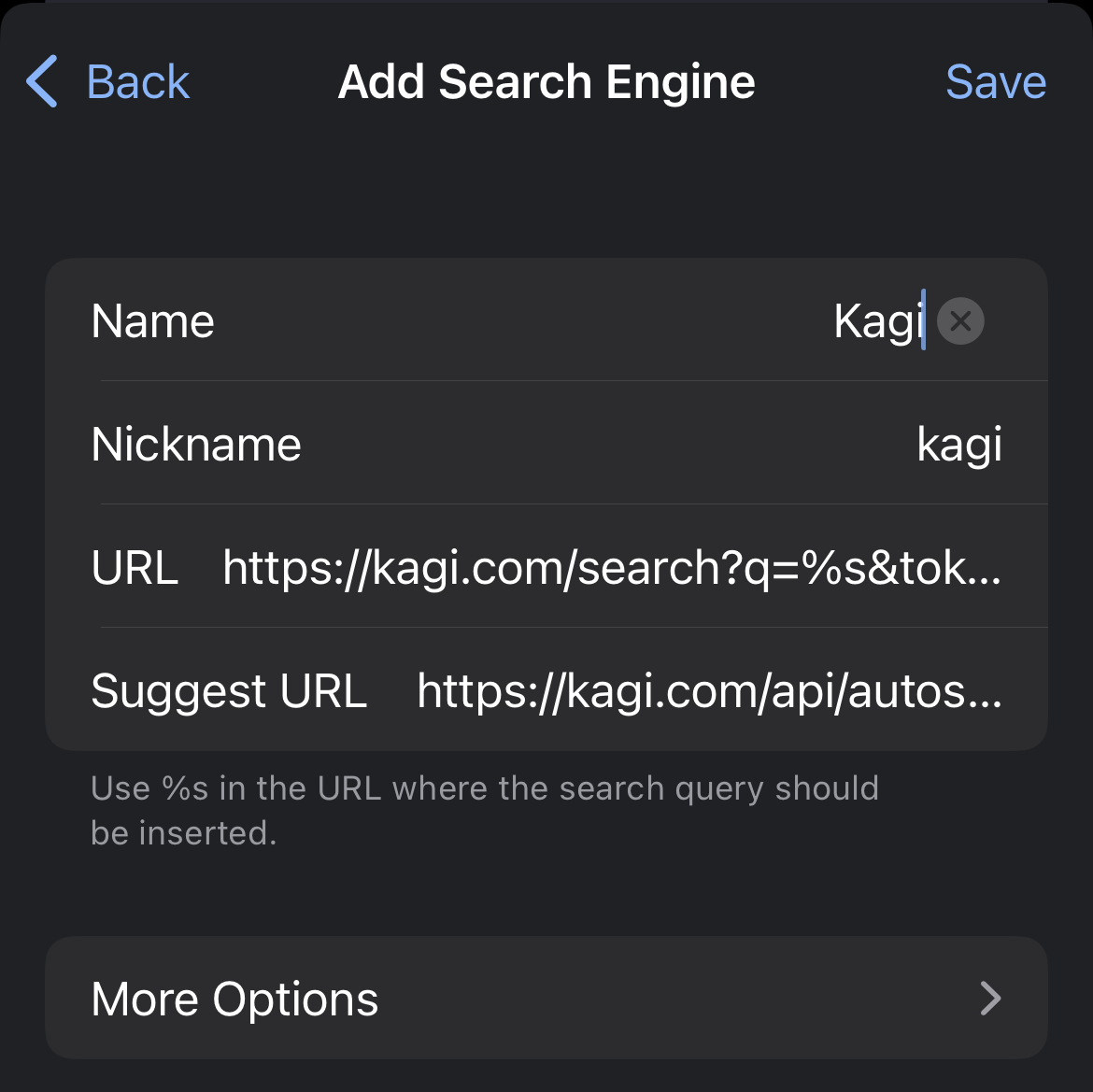 Adding a custom search engine on Vivaldi on iOS