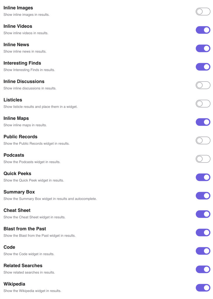 Search widget options