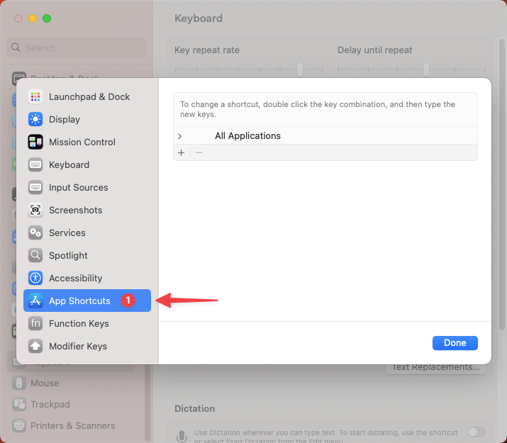 macOS Keyboard Shortcuts - App Shortcuts Tab