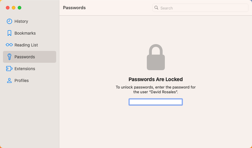 macOS Passwords Window - Locked