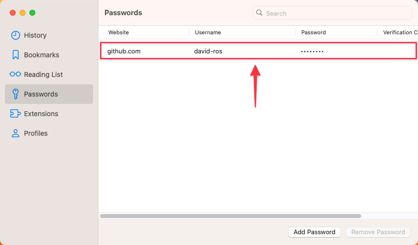 macOS Passwords Window - List