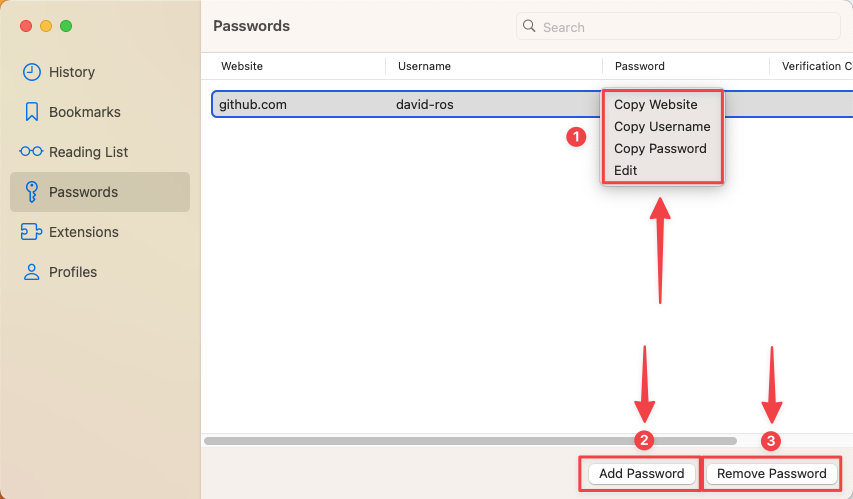macOS Passwords Window - Options