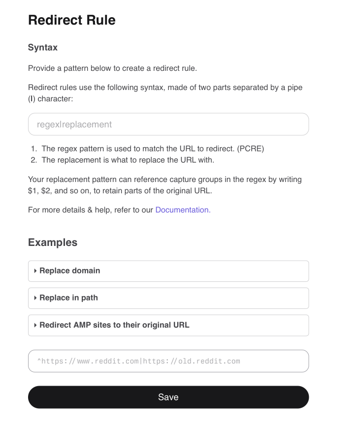 New Redirect rule page