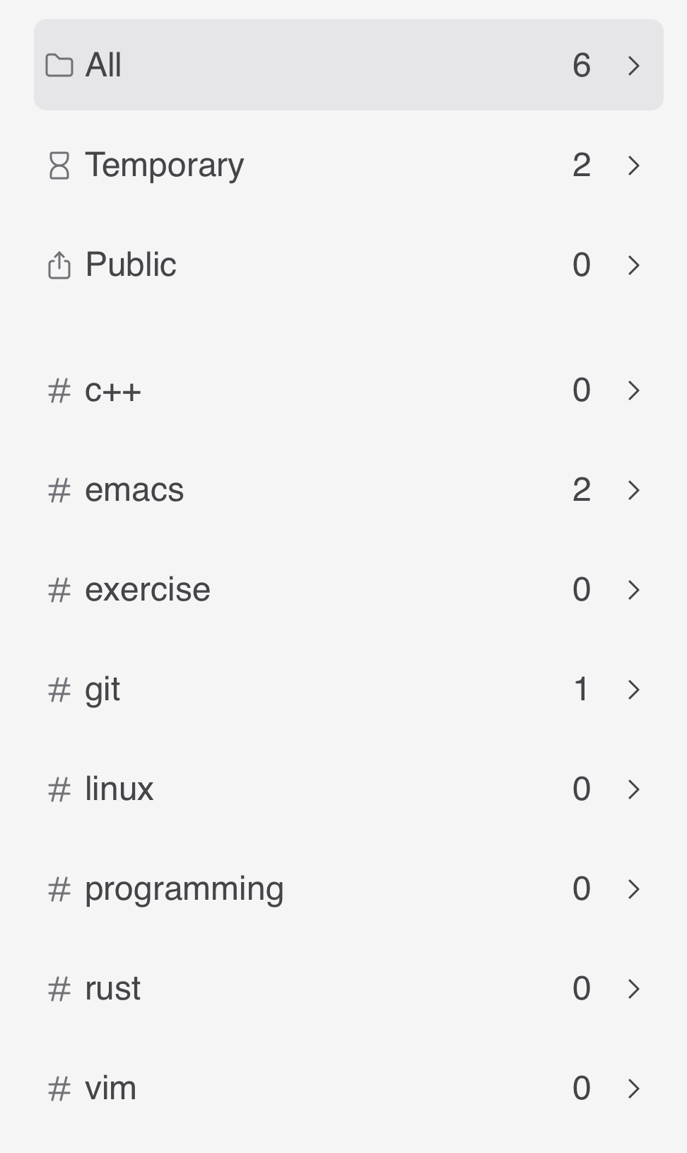 Example screenshot of tag list on mobile