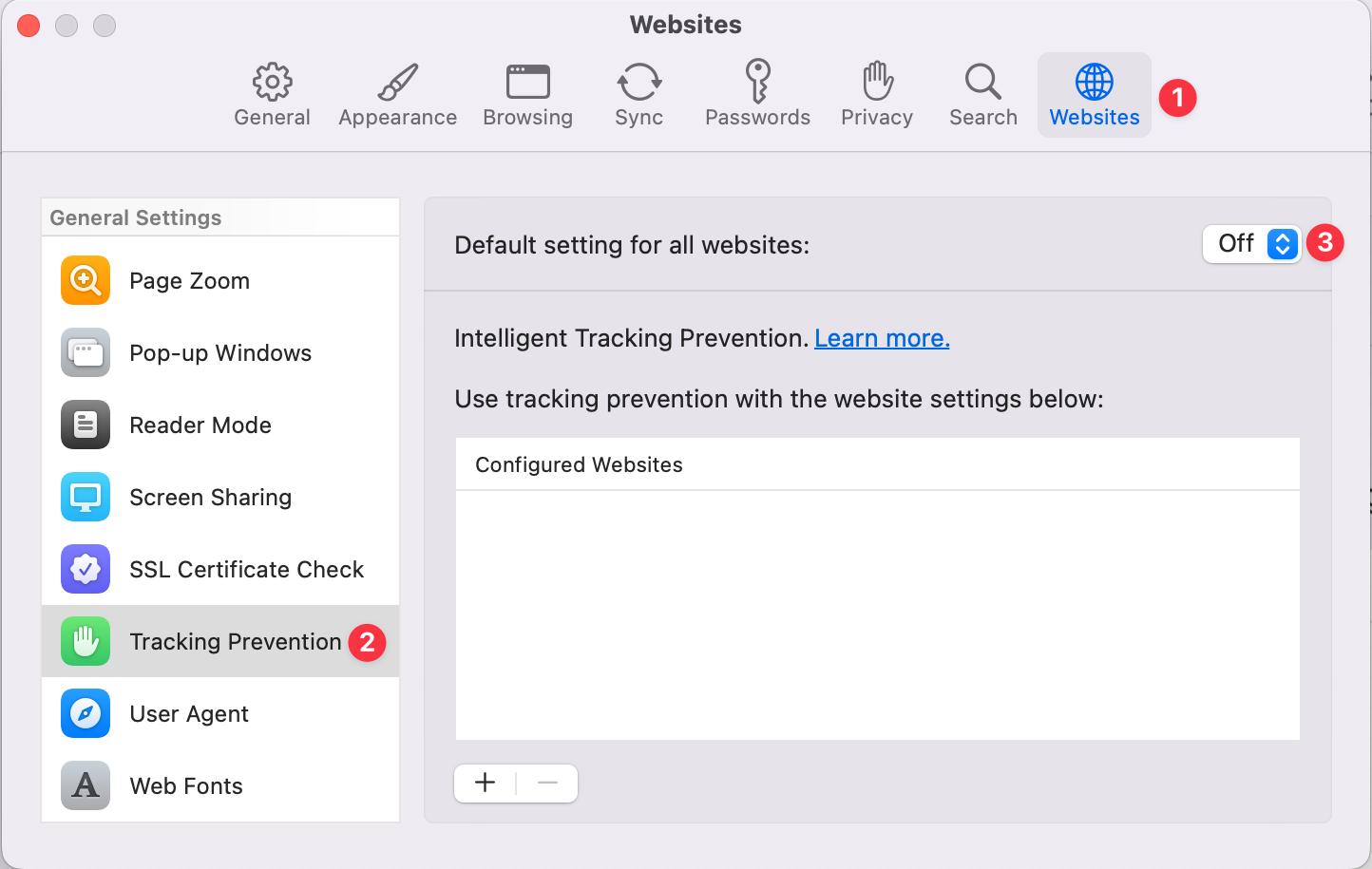 Tracking Prevention Settings